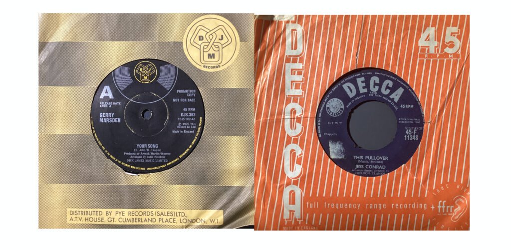 Two vintage 7-inch vinyl singles in their sleeves: left gold halftone Pye sleeve with a black label; right orange striped Decca sleeve with a blue label and 45 RPM mark.